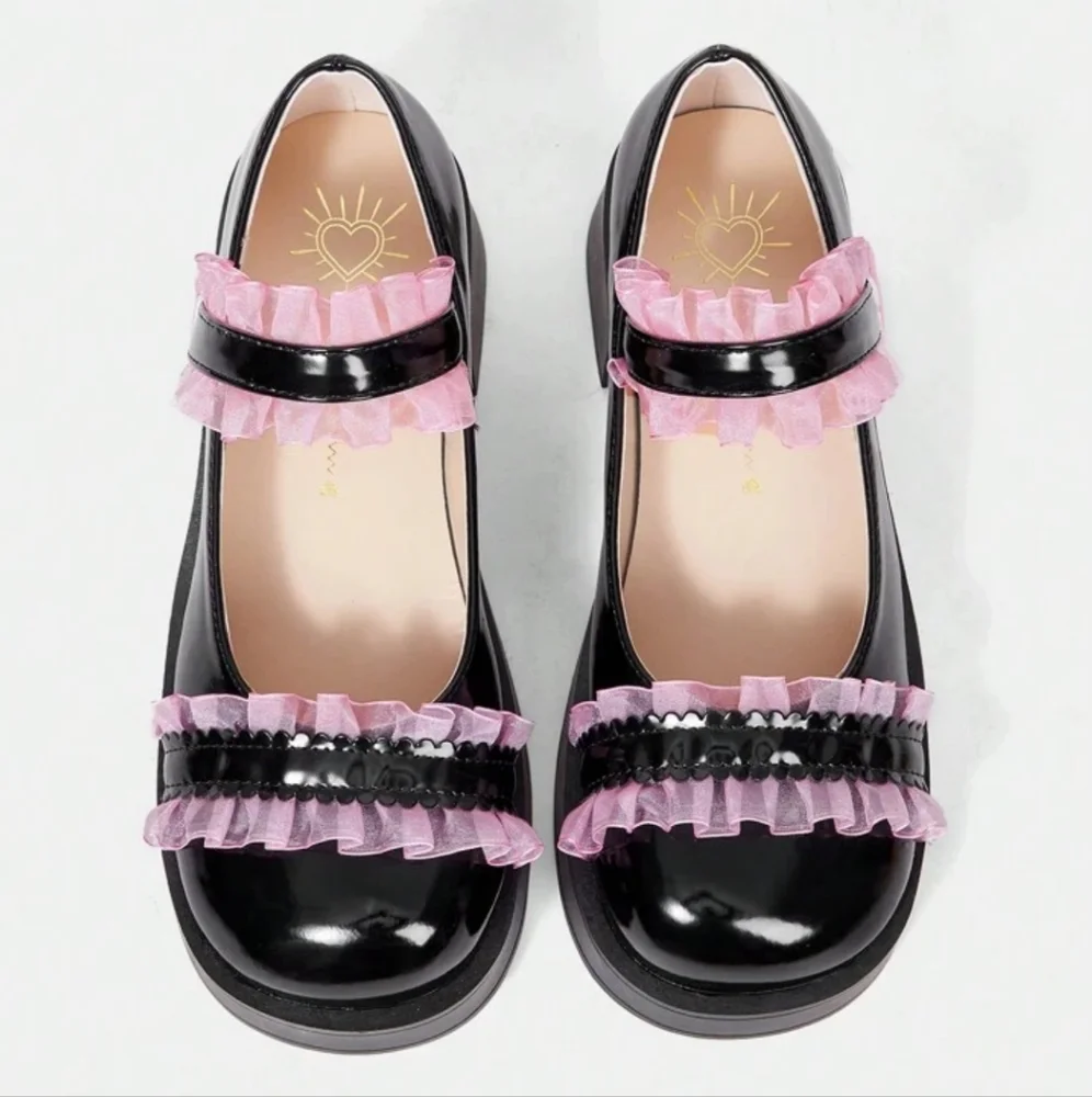 Black Mary Jane Shoes with Pink Ruffle
